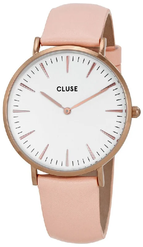 fitness tracking smartwatches for seniors -Cluse La Boheme Pink Leather Rose Gold Plated Steel White Dial Womens Watch CL18014