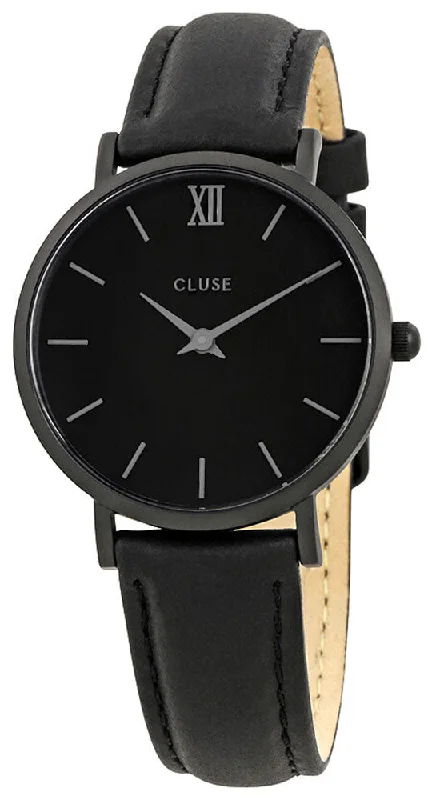 luxury watches for men with simple design -Cluse Minuit Black Leather Black Stainless Steel Black Dial Womens Watch CL30008