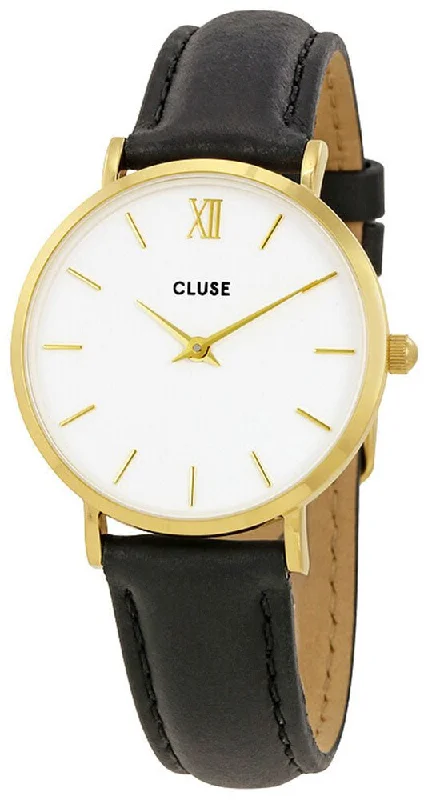 high-end luxury watches with gold dials -Cluse Minuit Black Leather Gold Plated Steel White Dial Womens Watch CL30019