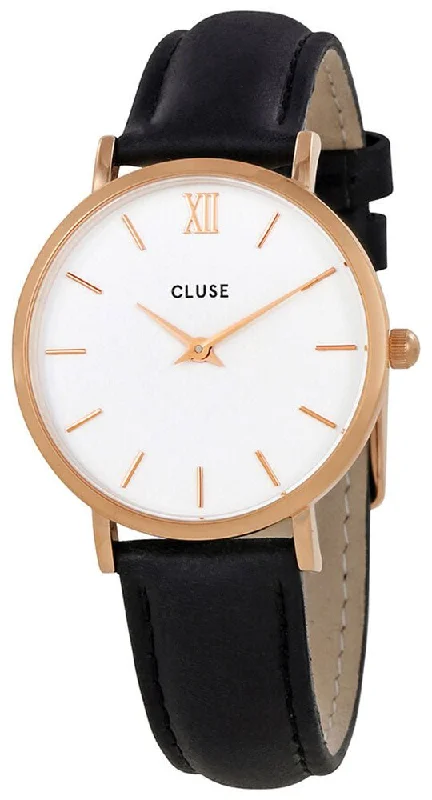 best watches for triathletes with heart rate monitor -Cluse Minuit Black Leather Rose Gold Plated Steel White Dial Womens Watch CL30003