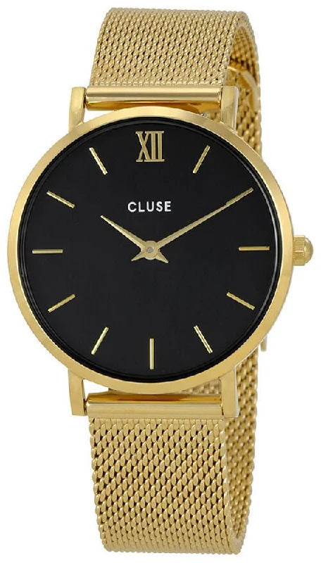 watches for men with unique metal straps -Cluse Minuit Gold Plated Stainless Steel Mesh Black Dial Womens Watch CL30012