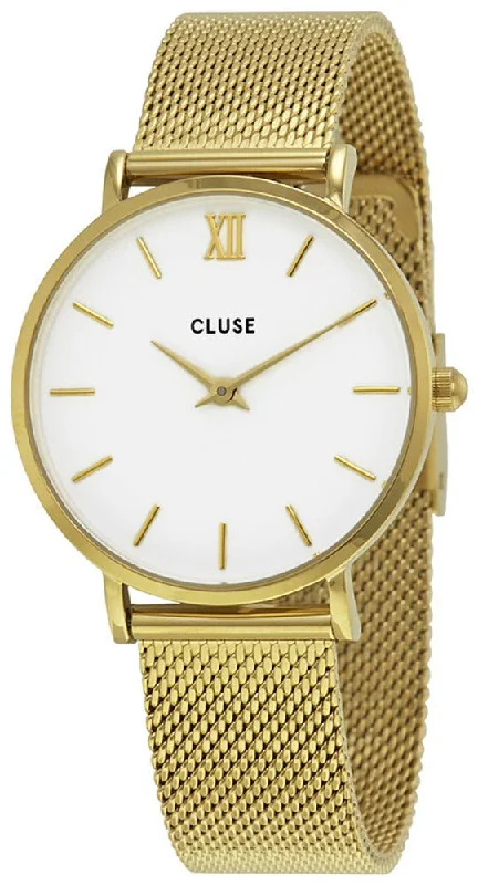 smartwatches with activity tracker for gym -Cluse Minuit Gold Plated Stainless Steel Mesh White Dial Womens Watch CL30010