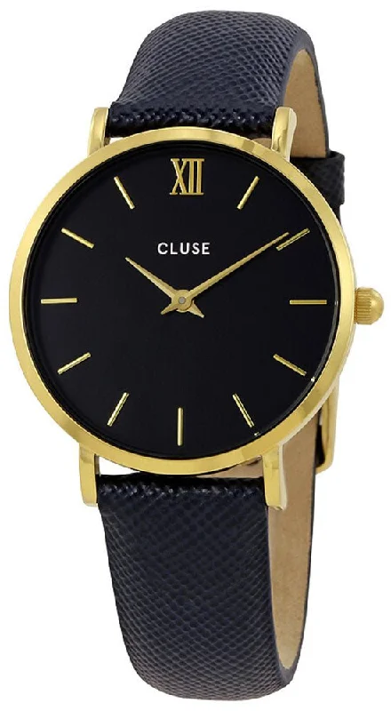 women's watches with large face and roman numerals -Cluse Minuit Gold Plated Steel Midnight Blue Leather Womens Watch CL30014