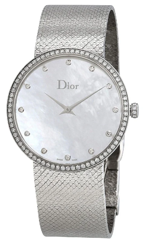 best hybrid watches with fitness features -Dior La D de Dior Satine Stainless Steel Mesh Mother-of-Pearl Dial Diamonds Quartz Womens Watch CD043115M001