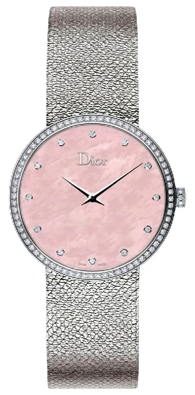 best watches for men with simple design -Dior La D de Dior Satine Stainless Steel Mesh Pink Mother-Of-Pearl Dial Diamonds Quartz Womens Watch CD043115M002