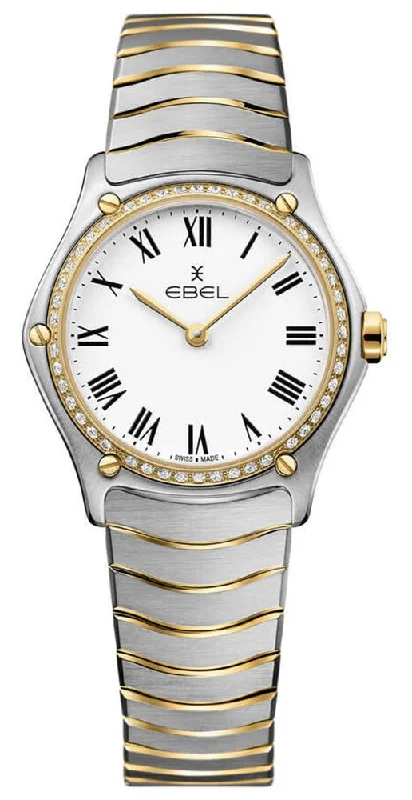 automatic watches for men with black dial -Ebel Wave Stainless Steel & 18K Yellow Gold White Dial Diamonds Quartz Womens Watch 1216389