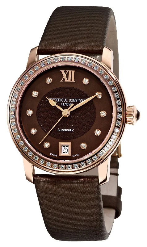 watches for men with leather straps and silver accents -Frederique Constant Classics Automatic Diamond Rose Gold Plated Steel Brown Mother-Of-Pearl Dial Brown Satin Strap Date Womens Watch FC-303CHD2PD4