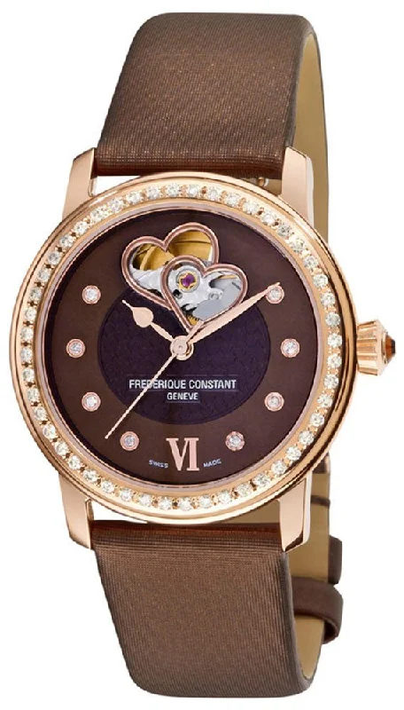 watches with eco-friendly features for men -Frederique Constant Double Heart Beat Automatic Rose Gold Plated Steel Brown Satin Womens Watch FC-310CDHB2PD4