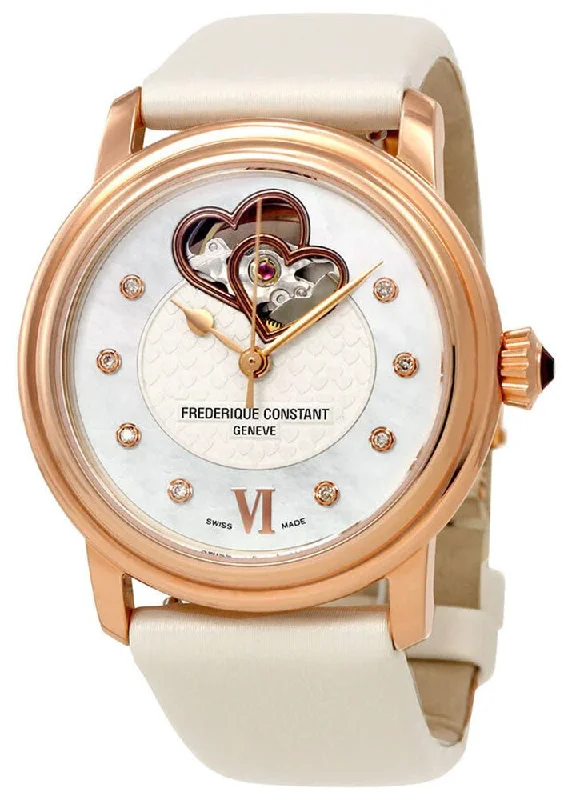 watches with silicone straps for sports -Frederique Constant Double Heart Beat Automatic Rose Gold Plated Steel Mother-Of-Pearl Dial Ivory Satin Strap Diamonds Womens Watch FC-310DHB2P4