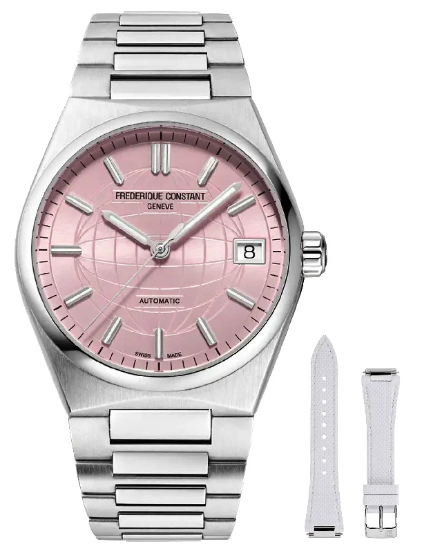 stylish watches for women with silver bands -Frederique Constant Highlife Automatic Stainless Steel Pink Dial Interchangeable White Rubber Strap Date Womens Watch FC-303LP2NH6B