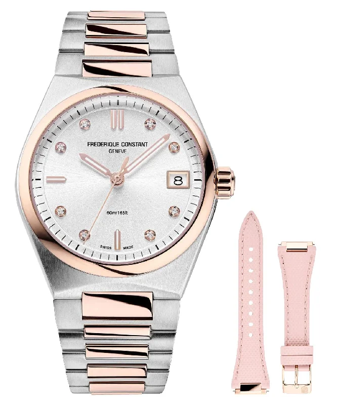 elegant women's watches with pearl accents -Frederique Constant Highlife Steel & Rose Gold Plated Silver Dial Diamonds Interchangeable Pink Rubber Strap Date Quartz Womens Watch FC-240VD2NH2B