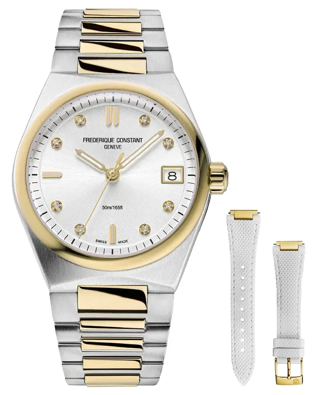 custom watches with engraved messages -Frederique Constant Highlife Steel & Yellow Gold Plated Silver Dial Diamonds Interchangeable White Rubber Strap Date Quartz Womens Watch FC-240VD2NH3B