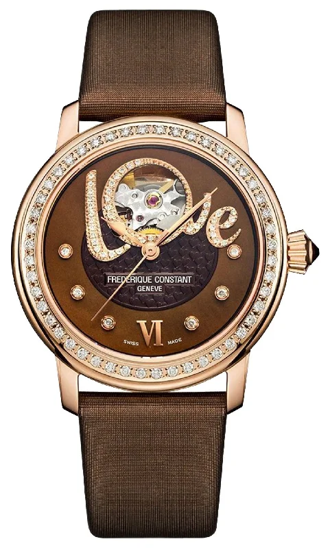 men's watches with dark blue dials -Frederique Constant Love Heart Beat Automatic Rose Gold Plated Steel Brown Dial Brown Satin Strap Diamonds Womens Watch FC-310CLHB2PD4