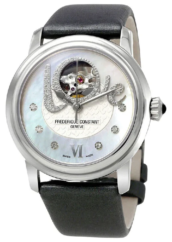 stylish watches for businesswomen -Frederique Constant Love Heart Beat Automatic Stainless Steel Mother-Of-Pearl Dial Grey Satin Strap Diamonds Womens Watch FC-310LHB2P6