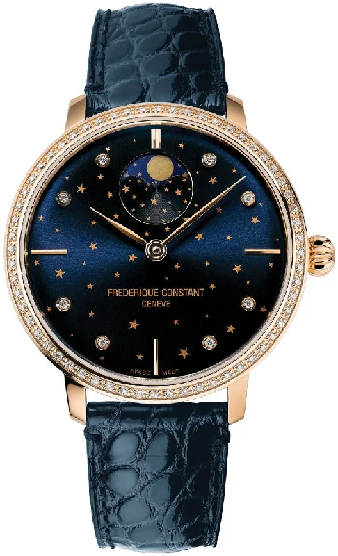 solar-powered watches for runners -Frederique Constant Slimline Moonphase Stars Manufacture Automatic Rose Gold-Plated Blue Leather Strap Blue Dial Diamonds Womens Watch FC-701NSD3SD4