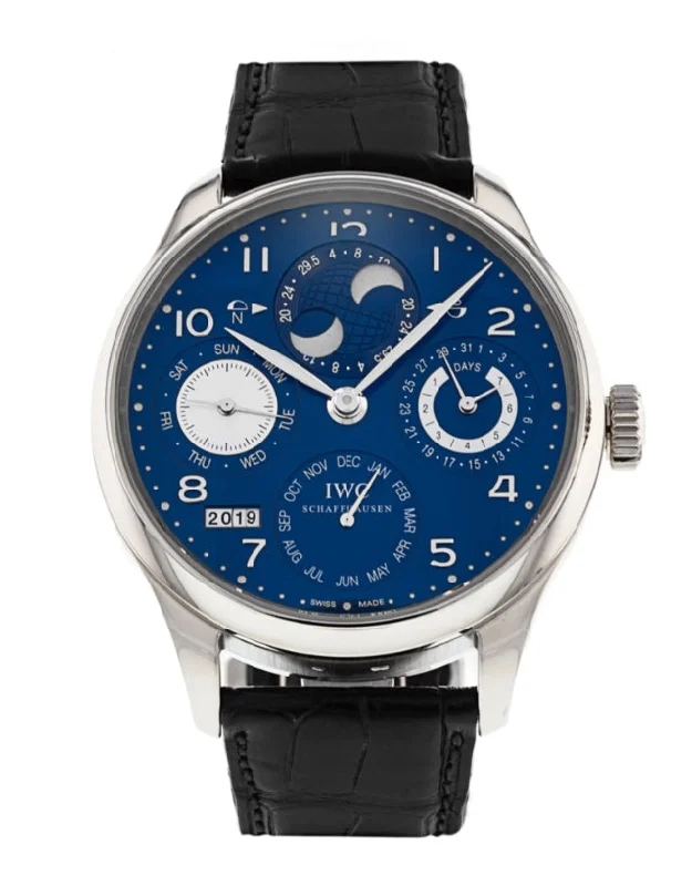 men's watches with silver dials and black bands -IWC Portuguese Perpetual Calendar Mens Watch