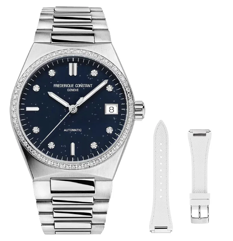 luxury women's watches with diamond bezel -Limited Edition Frederique Constant Highlife Sparkling Automatic Stainless Steel Blue Dial Diamonds Interchangeable White Rubber Strap Date Womens Watch FC-303NSD2NHD6B