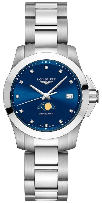 automatic watches for men with black dial -Longines Conquest Stainless Steel Blue Dial Diamonds Date Moonphase Quartz Womens Watch L3.381.4.97.6