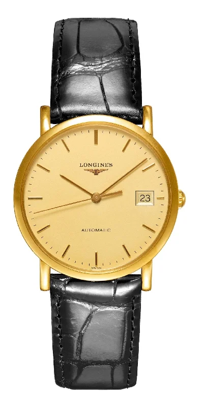 mechanical watches for men with leather straps -Longines Elegant Automatic 18K Yellow Gold Champagne Dial Black Leather Strap Date Womens Watch L4.778.6.32.0