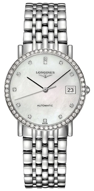 watches for men with green straps -Longines Elegant Automatic Stainless Steel Mother-Of-Pearl Dial Diamonds Date Womens Watch L4.809.0.87.6