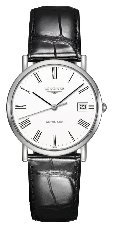 watches for men with vintage look -Longines Elegant Automatic Stainless Steel White Dial Black Leather Strap Date Womens Watch L4.809.4.11.2