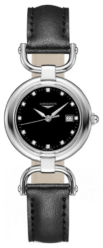 men's luxury watches with sophisticated designs -Longines Equestrian Stainless Steel Black Dial Black Leather Strap Diamonds Date Quartz Womens Watch L6.131.4.57.0