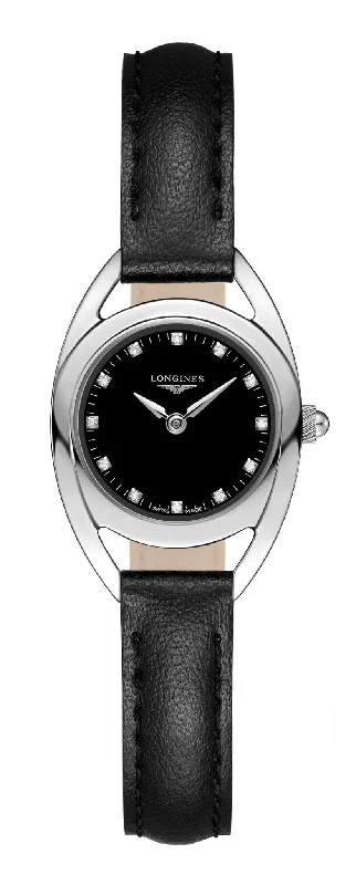 best watches for women with simple style -Longines Equestrian Stainless Steel Black Dial Black Leather Strap Diamonds Quartz Womens Watch L6.135.4.57.0