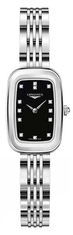 watches for women with modern design -Longines Equestrian Stainless Steel Black Dial Diamonds Quartz Womens Watch L6.140.4.57.6