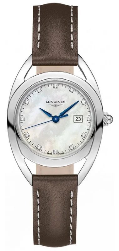 solar-powered watches with modern features -Longines Equestrian Stainless Steel Mother-Of-Pearl Dial Brown Leather Strap Diamonds Date Quartz Womens Watch L6.137.4.87.2