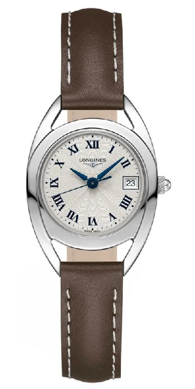 stylish watches for men with silver finish -Longines Equestrian Stainless Steel Silver Dial Brown Leather Strap Date Quartz Womens Watch L6.136.4.71.2