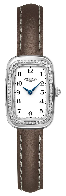 best watches for men with dual function -Longines Equestrian Stainless Steel White Dial Brown Leather Strap Diamonds Quartz Womens Watch L6.140.0.13.2