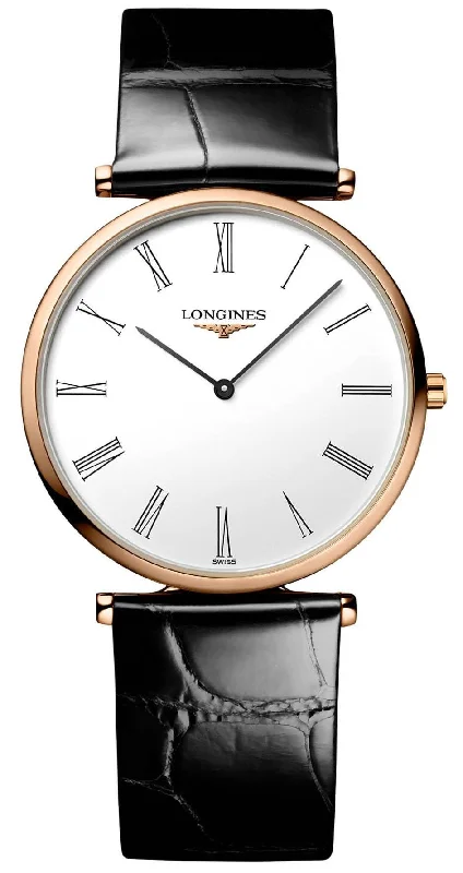 best watches for women with date feature -Longines La Grand Classique Rose Gold PVD White Dial Black Leather Strap Quartz Womens Watch L4.709.1.21.2