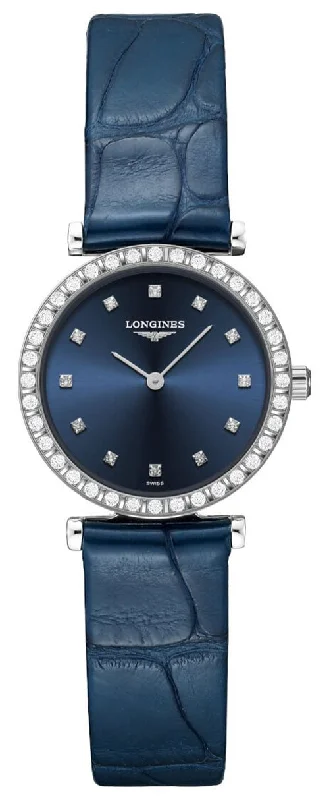 solar-powered watches for eco-conscious men -Longines La Grand Classique Stainless Steel Blue Dial Blue Leather Strap Diamonds Quartz Womens Watch L4.341.0.97.2