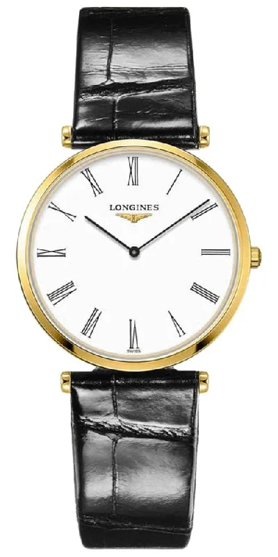 men's watches with dual time zone feature -Longines La Grand Classique Yellow Gold PVD White Dial Black Leather Strap Quartz Womens Watch L4.709.2.21.2