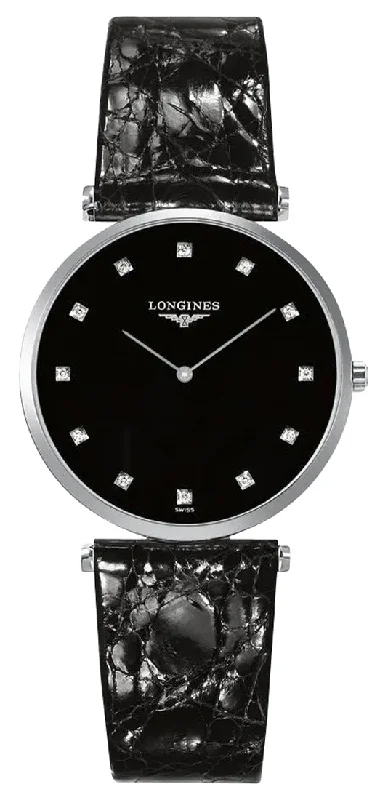 fitness tracking watches with heart rate sensor -Longines La Grande Classique Stainless Steel Black Dial Black Leather Strap Diamonds Quartz Womens Watch L4.709.4.55.2