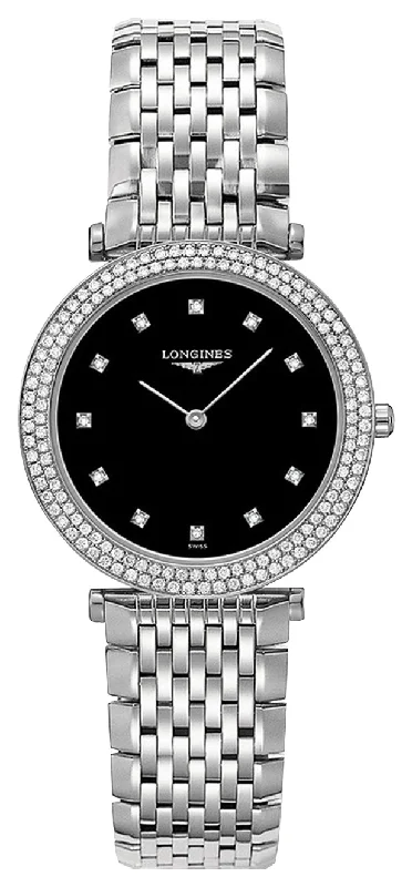 watches for women with silver and leather strap -Longines La Grande Classique Stainless Steel Black Dial Diamonds Quartz Womens Watch L4.515.0.58.6