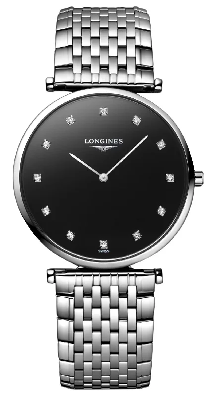 affordable luxury watches for women -Longines La Grande Classique Stainless Steel Black Dial Diamonds Quartz Womens Watch L4.709.4.55.6