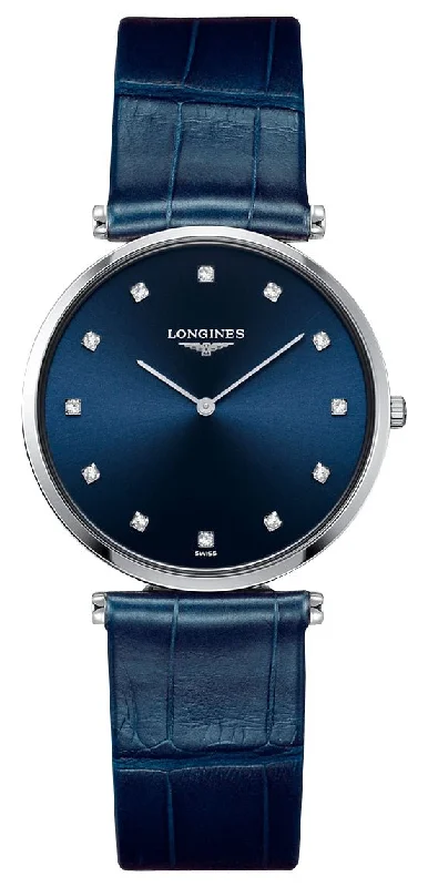 watches for men with large leather straps -Longines La Grande Classique Stainless Steel Blue Dial Blue Leather Strap Diamonds Quartz Womens Watch L4.709.4.97.2