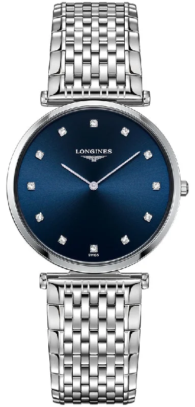 women's watches with leather straps for casual wear -Longines La Grande Classique Stainless Steel Blue Dial Diamonds Quartz Womens Watch L4.709.4.97.6