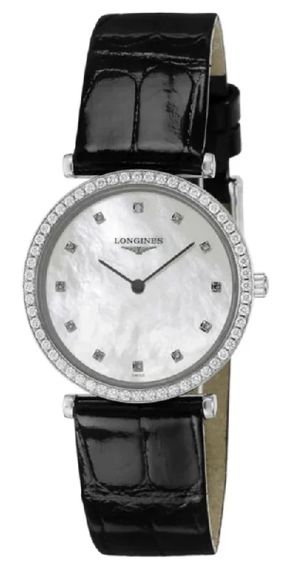 stylish watches for businesswomen -Longines La Grande Classique Stainless Steel Mother-Of-Pearl Dial Black Leather Strap Diamonds Quartz Womens Watch L4.513.0.87.2