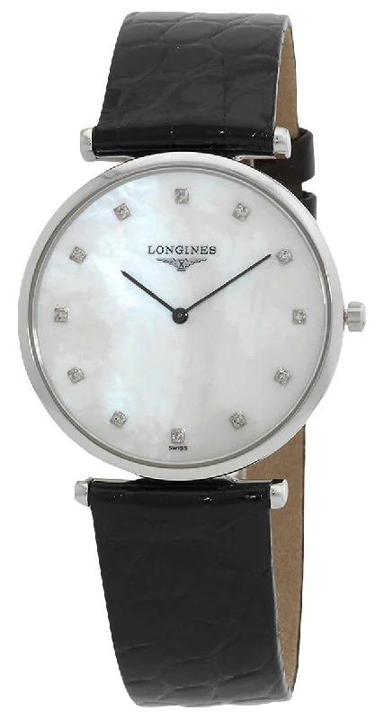 luxury watches for collectors with skeleton dials -Longines La Grande Classique Stainless Steel Mother-Of-Pearl Dial Black Leather Strap Diamonds Quartz Womens Watch L4.709.4.88.2