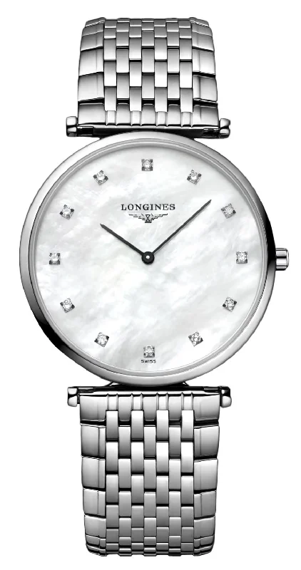 stylish men's watches with mesh bands -Longines La Grande Classique Stainless Steel Mother-Of-Pearl Dial Diamonds Quartz Womens Watch L4.709.4.88.6