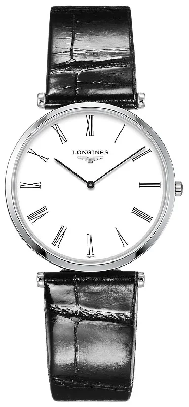 waterproof watches for scuba diving -Longines La Grande Classique Stainless Steel White Dial Black Leather Strap Quartz Womens Watch L4.709.4.21.2