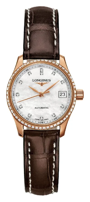 best pocket watches for collectors -Longines Master Collection Automatic 18K Rose Gold Mother-Of-Pearl Dial Brown Leather Strap Diamonds Date Womens Watch L2.128.9.87.3