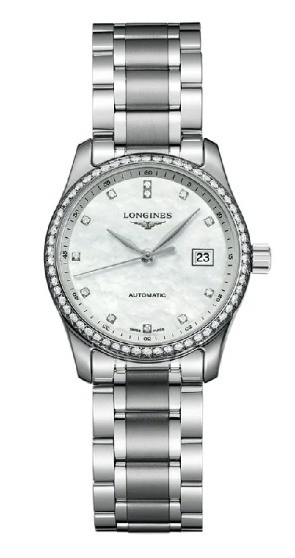 waterproof sports watches for women -Longines Master Collection Automatic Stainless Steel Mother-Of-Pearl Dial Diamonds Date Womens Watch L2.257.0.87.6