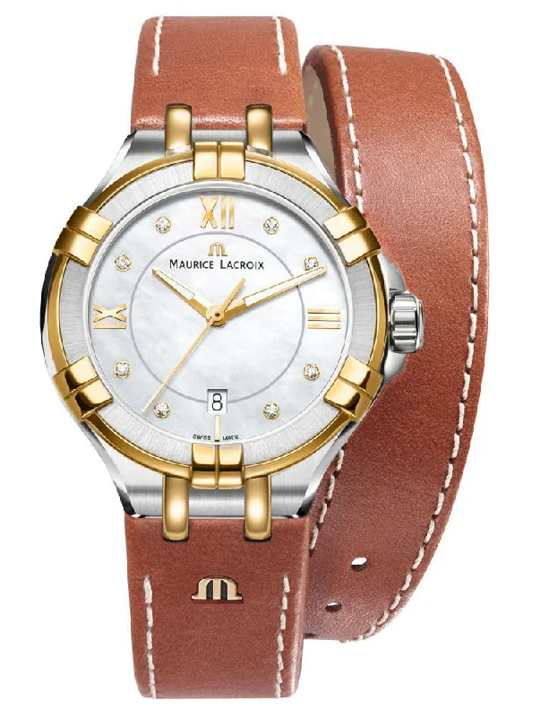 watches for men with bronze finish -Maurice Lacroix Aikon Mother-of-Pearl Dial Date Caramel Leather Strap Quartz Womens Watch AI1004-PVY11-171-1