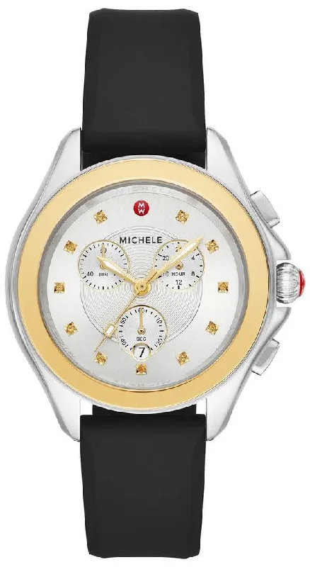 smartwatches for kids with GPS tracking -Michele Cape Chronograph Silver Dial Date Black Silicone Strap Womens Watch MWW27E000007