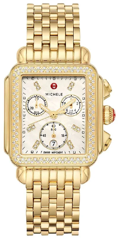 luxury watches for men with rose gold finish -Michele Deco Chronograph 18K Gold-Plated Steel Diamonds Mother-of-Pearl Dial Date Rectangle Womens Watch MWW06A000777