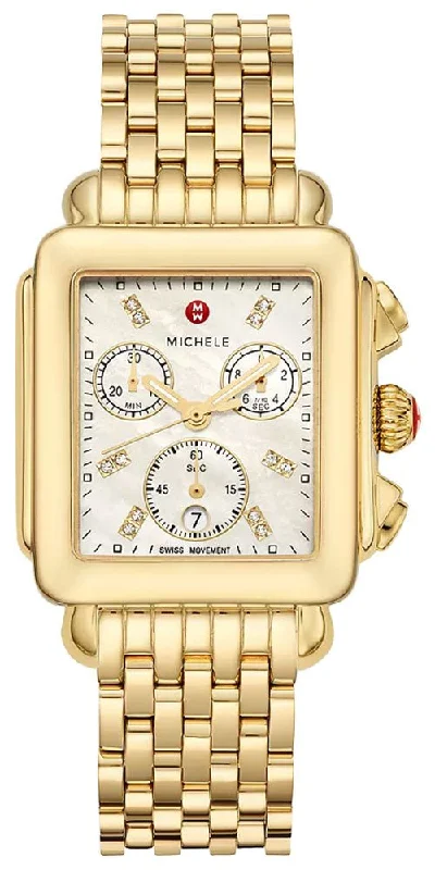 fitness tracking smartwatches for seniors -Michele Deco Chronograph 18K Gold-Plated Steel Diamonds Mother-of-Pearl Dial Date Rectangle Womens Watch MWW06A000780