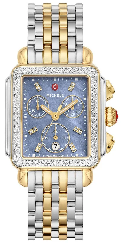 women's luxury watches for formal occasions -Michele Deco Chronograph Blue Mother-of-Pearl Dial Date Two-Tone Stainless Steel & Diamonds Womens Watch MWW06A000809